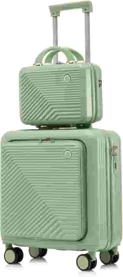 Mala De Bordo de Rodinhas + Frasqueira com Alça para Viagem - Compartimento Especial para Notebook 13 Polegadas - Fabricada em ABS e Policarbonato, Acabamento Resistente - Verde