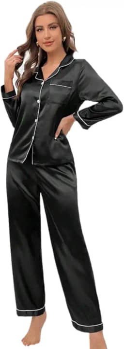 Pijama Feminino Americano Adulto Cetim Toque de Seda Bolso e Botão Manga Longa e Calça