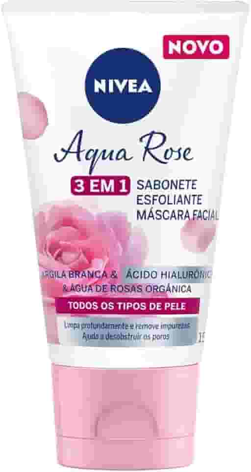 NIVEA Aqua Rose 3 em 1 150ml - Sabonete, Esfoliante e Máscara Facial - Com argila branca, ácido hialurônico e água de rosas orgânica, o sabonete tem benefícios antioxidantes e hidratantes