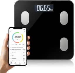 Balança Digital Bioimpedância Bluetooth 180kg App Saúde iOS Android – IMC, Gordura Corporal, Massa Muscular, Massa Óssea, Água Corporal, Taxa Metabólica BMR, Vidro Temperado LED