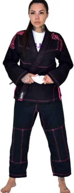 Kimono Jiu Jitsu Feminino Preto Costura Rosa Pink F1 - Até 1,60m e 60kg