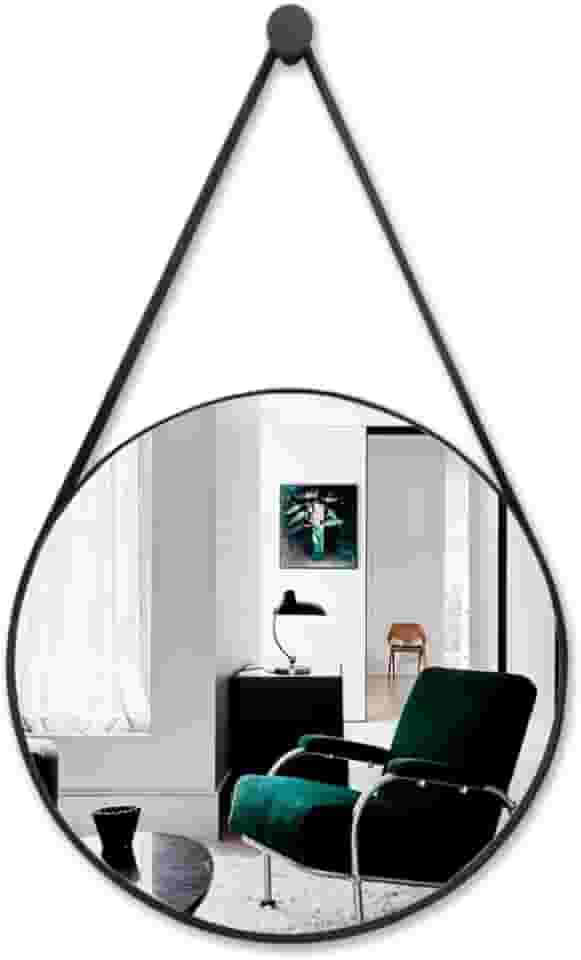 Espelho Adnet Redondo Decorativo 23cm Com Alça De Couro Reforçado e Suporte Para Escritório Banheiro Hall (Preto)