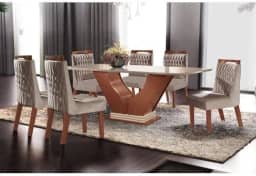 Conjunto Sala de Jantar Mesa com Tampo de Vidro Safira 6 Cadeiras Atena Lj Móveis Castanho Premio/Off White/Pena Bege