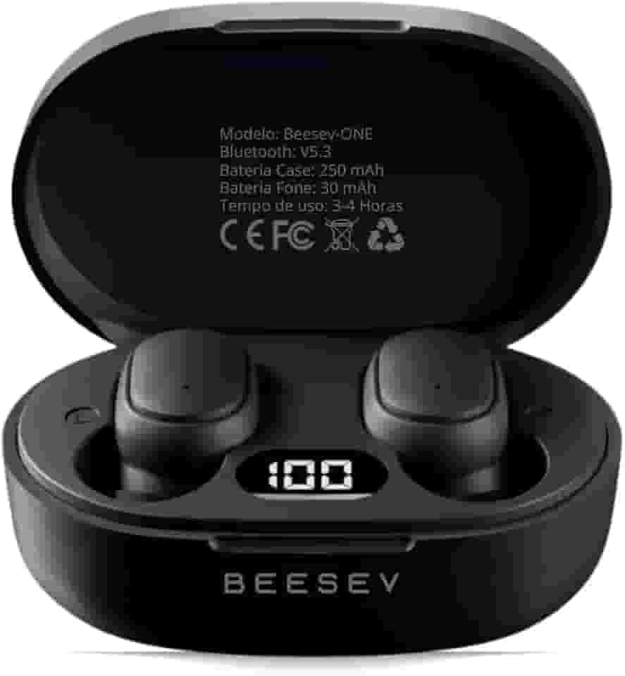 Fone de Ouvido Bluetooth 5.3 TWS Sem Fio Wireless Com Visor Graves Potente Compatível com iOS e Android, Beesev-ONE (Preto)