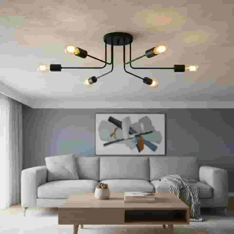 Luminária de Teto Sputnik 6 Braços "L" Lustre Sala Quarto Cozinha Area Gourmet Hall Sala (PRETO)