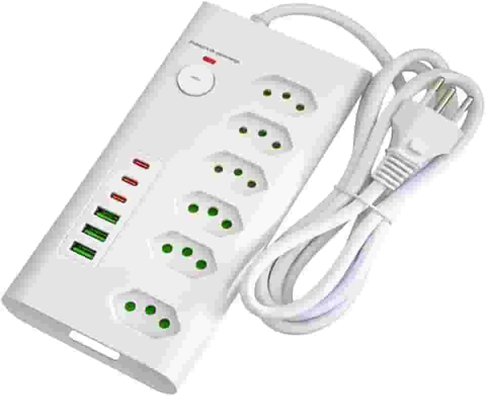 Filtro de Linha Multi 12 EM 1, Régua de Energia, Extensão Eletrica, Com 6 Tomadas de 10A e 20A, 6 Portas USB, USB Tipo C, Bivolt 110-250V, Potência de 2500W (Branco) - Tomada Tripolar Cabo de 2 metros