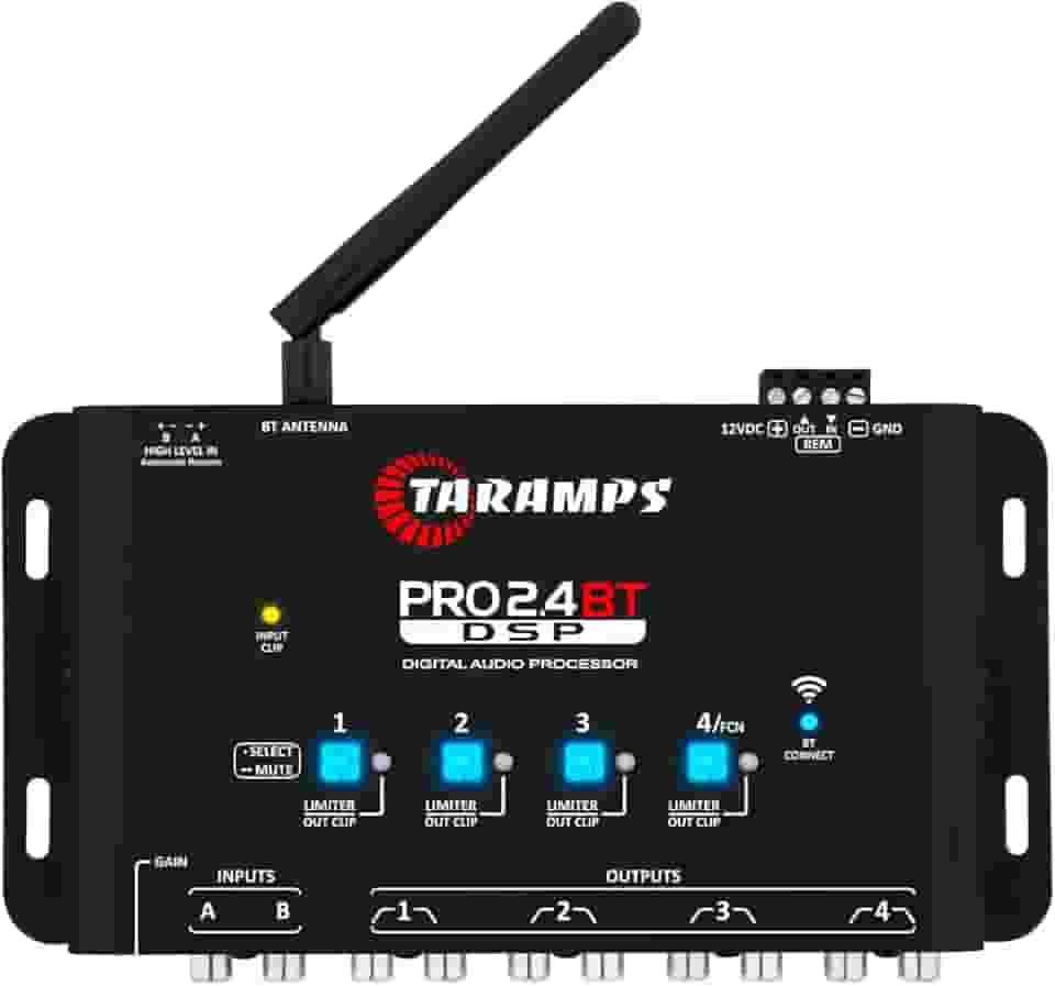 Taramps Pro 2.4 BT Bluetooth DSP Crossover completo, processador de sinal digital, equalizador de áudio de carro com aplicativo, ganho até 9 V, equalização gráfica de 15 bandas, 12 equalizações