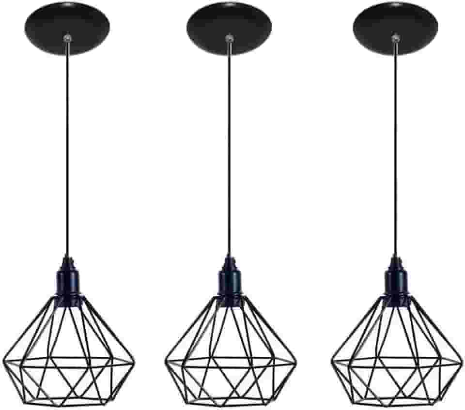 Pendentes Lustre Aramado Estilo Diamante, Kit Com 3 Peças, Preto, Cabo Ajustável de 1 Metros