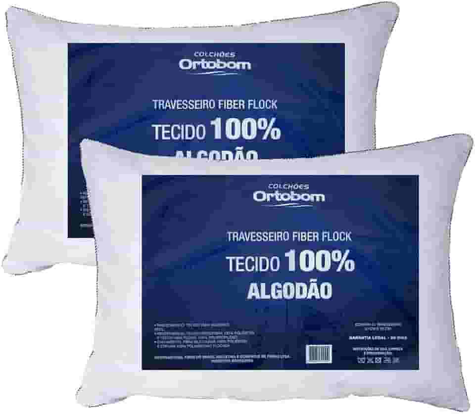 Kit 02 Travesseiros Fiber Flock Luxo Perfil Alto 100% Algodão - Ortobom