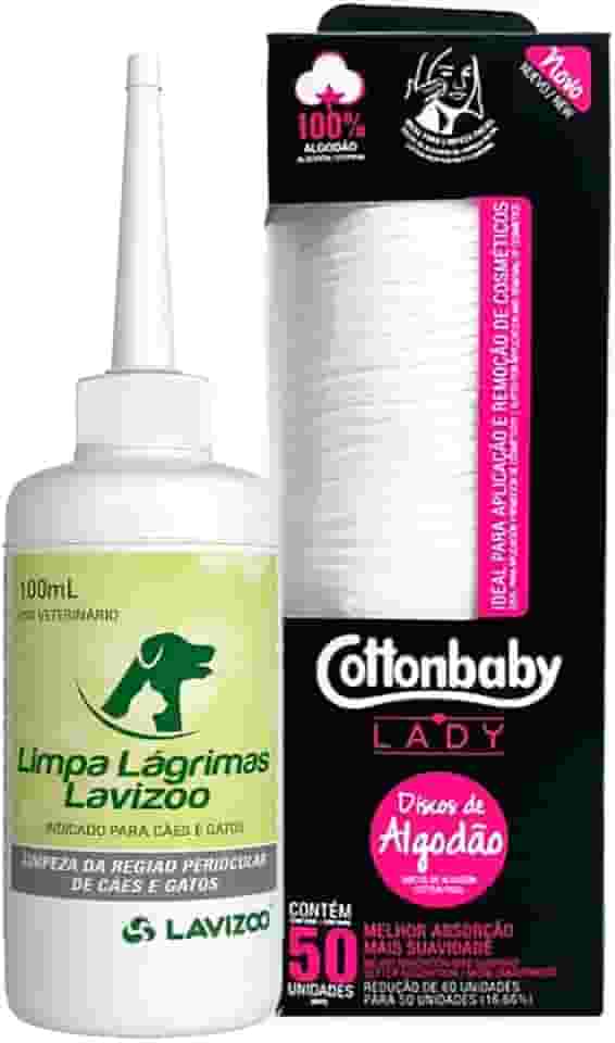 Limpa Lágrimas Lavizoo 100 ml + 50un Discos de Algodão CottonBaby – Removedor de Manchas de Lágrima Ácida para Cães e Gatos | Higienizador Ocular Pet