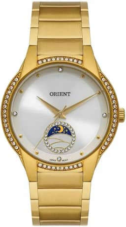 Relógio Feminino, Dourado, Cristais Decorativos, Mostrador Prateado com Lua, FGSS0204