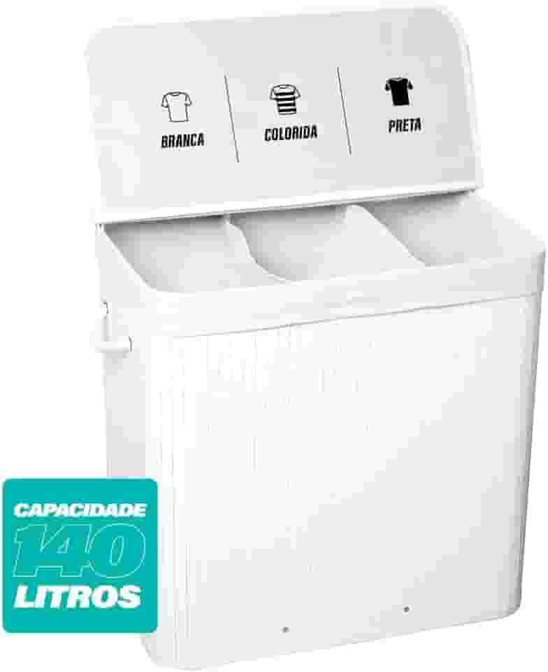 Cesto de Roupas Com Divisória Roupeiro Bambu Branco Artiko Family Organizador Triplo Com Tampa 140L