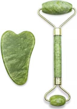 Pedra Jade Roller Rolinho Massageador Facial Anti Rugas + Placa Gua sha Cor:Verde
