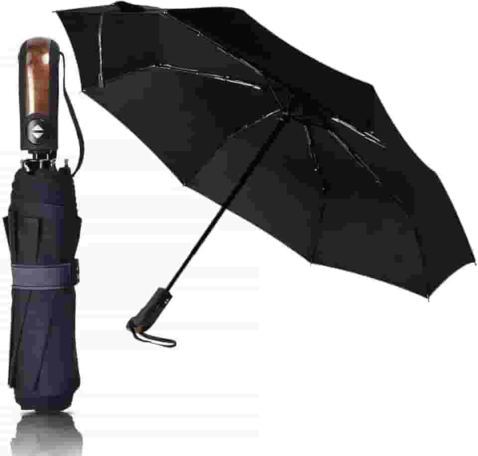 Guarda Chuva Compacto Abre Automático Premium Reforçado - Inclui Estojo Proteção Resistente Contra Vento E Impermeável Portátil Cabe Na Bolsa Fecha Grande Fácil Transportar Tecido Liso Original Perfeito Versátil Cor Preto Madeira