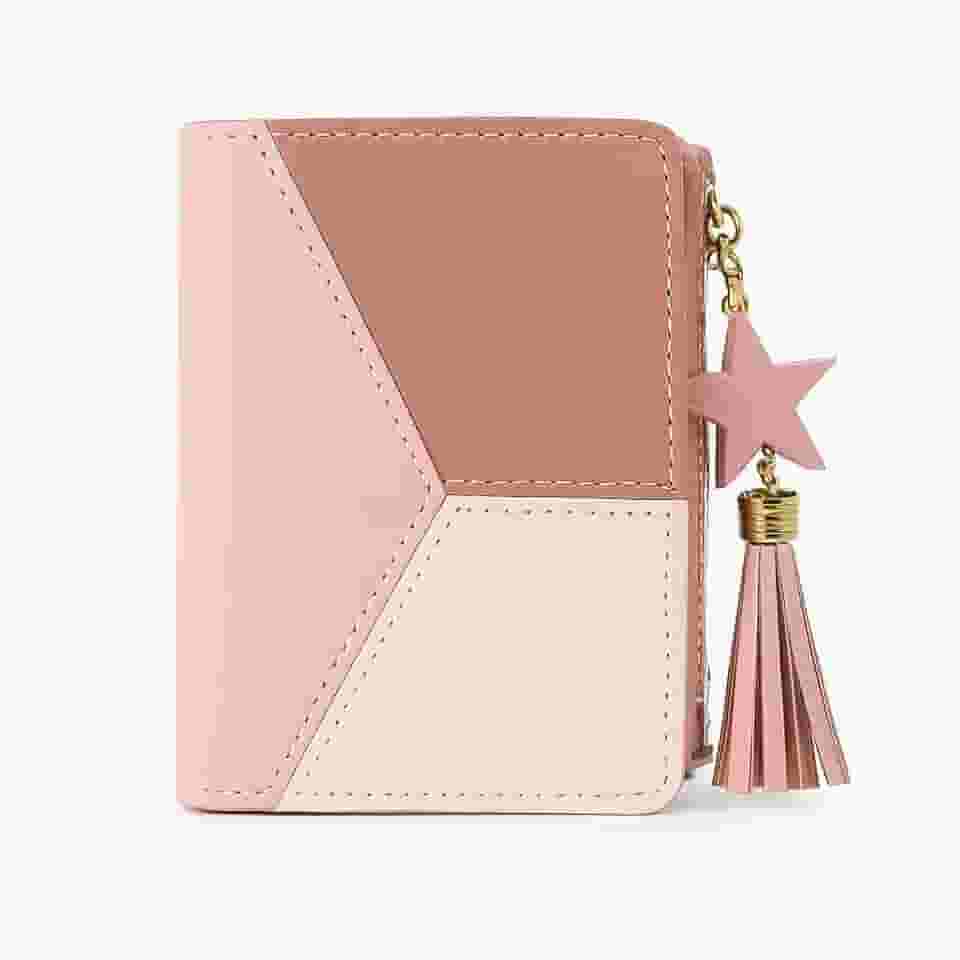 Carteira Feminina Geométrica Com Pingente Tassel Colorido, Compacta e Moderna, Com Porta Cartões, Zíper Para Moedas e Documento, Couro Sintético Estilo Fashion Elegante Prática (Rosé Clássico)