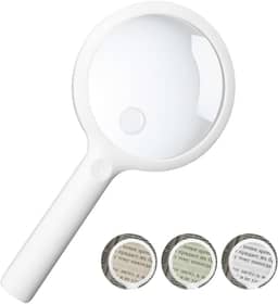 5X, 110mm Com 20 Luzes Led, Aumento para Leitura, Lupa de Aumento Profissional, Lupa de Leitura Portátil com Luz de Led, Branco, Trêss Níveis de Brilho