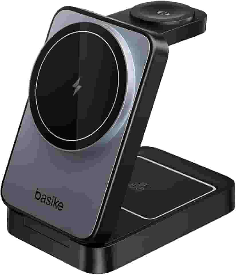 Basike Carregador Sem Fio 3 em 1 Magnético 2025, Estação de Carregamento Portátil com Luz Noturna, Dobrável e Compatível com MagSafe, iPhone 16/15/14/13/12, Apple Watch e AirPod (Preto)