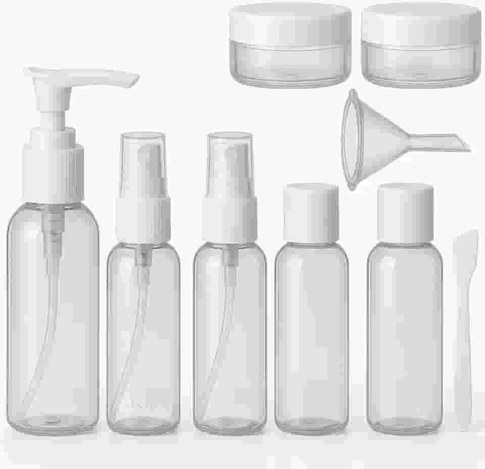 Frascos para Viagem Kit 9 Peças com Estojo Transparente Ideal para Shampoo Condicionador Sabonte Líquido Cremes Hidratante com Funil para Encher Recipientes Cosméticos (Branco)