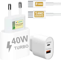 Carregador Turbo 40W Compatível iPhone 17 Air 17 Pro 17 Pro Max 16 16 Pro 16 Pro Max 15 15 Pro 15 Max iPad iOS Cabo USB-C Celular Tipo-C Duas Saídas USB-A Rápida PD Ultra Resistente Original 10CLICK®
