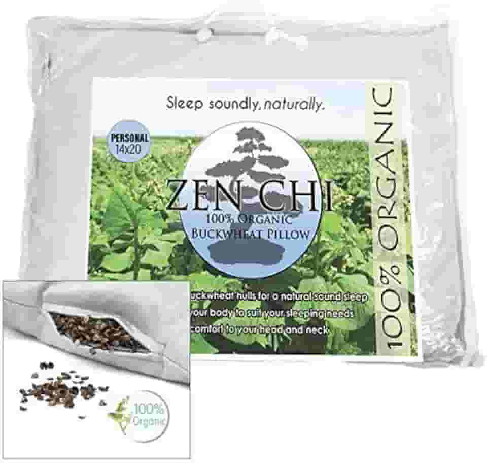 ZEN CHI Travesseiro de trigo sarraceno - Tamanho padrão orgânico (35,5 x 50) com tecnologia de resfriamento natural - Capa de algodão - Travesseiro confortável pessoal tem efeito refrescante natural,