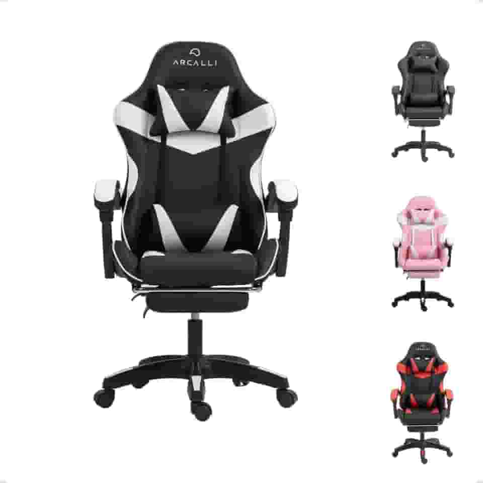 Cadeira Gamer Escritório Arcalli Ergonômica Profissional Descanso de Pernas (Branco)