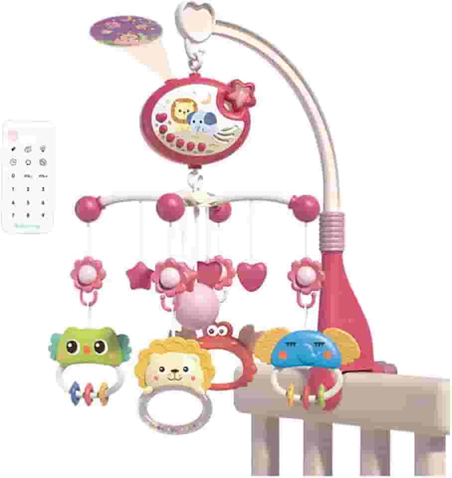 Móbile fofo para berço com luzes de música, projeção de estrelas, brinquedos giratórios pendurados, brinquedos para berço com controle remoto, decoração de cama infantil para meninos e meninas