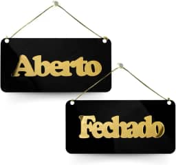 Placa Acrílica Frente Verso Aberto Fechado Ventosa Preto (Preto e Dourado)