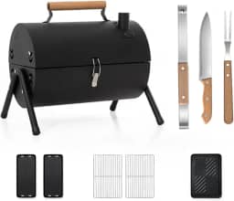 Churrasqueira Barril Portátil a Carvão | Kit Completo (2 Tanques, 2 Grelhas, Assadeira, Faca+Garfo+Pinça) | Dobrável p/Camping, Piquenique & Varanda