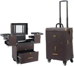 Estojo de maquiagem, carrinho de maquiagem profissional com divisórias ajustáveis, organizador de esmalte, estojo de viagem para joias com 4 rodas e fechaduras, Marrom, Mala de maquiagem com