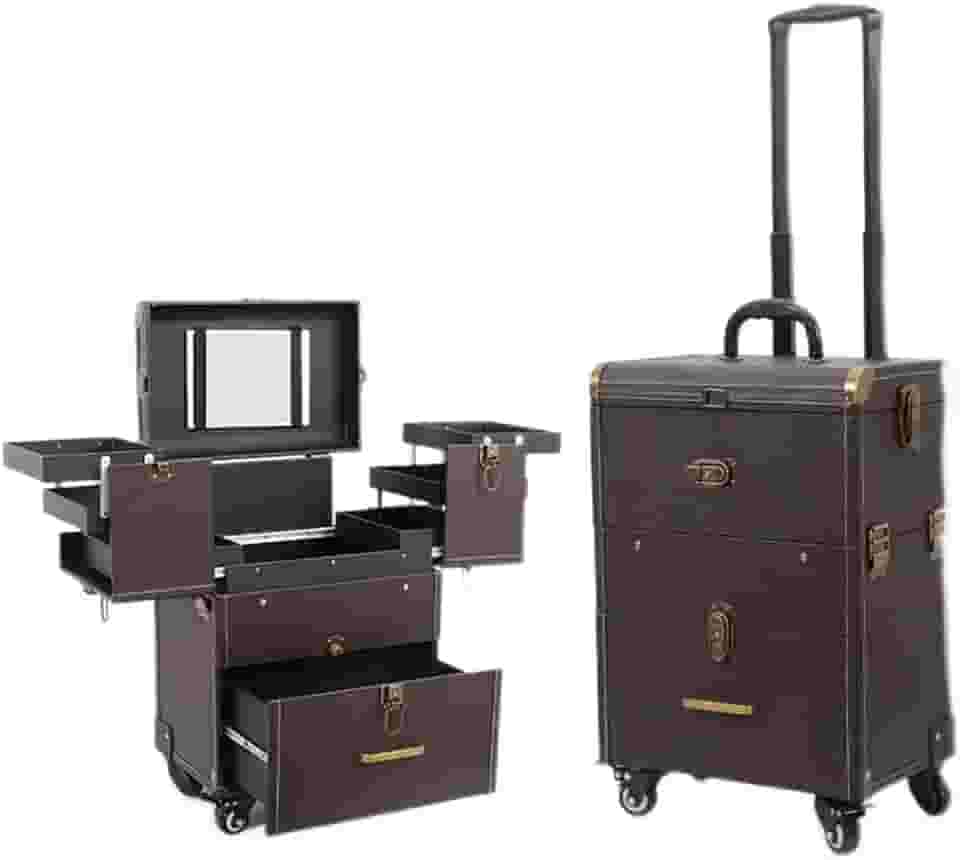 Estojo de maquiagem, carrinho de maquiagem profissional com divisórias ajustáveis, organizador de esmalte, estojo de viagem para joias com 4 rodas e fechaduras, Marrom, Mala de maquiagem com