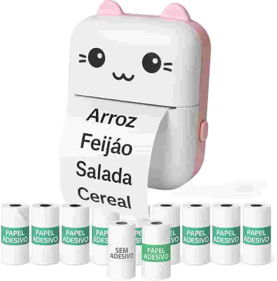 Mini impressora térmica portátil (Rosa) sem fio 200dpi + 10 rolos papel adesivo térmico e 1 rolo comum 57 * 30mm impressão bluetooth para fotos scanners, etiquetas