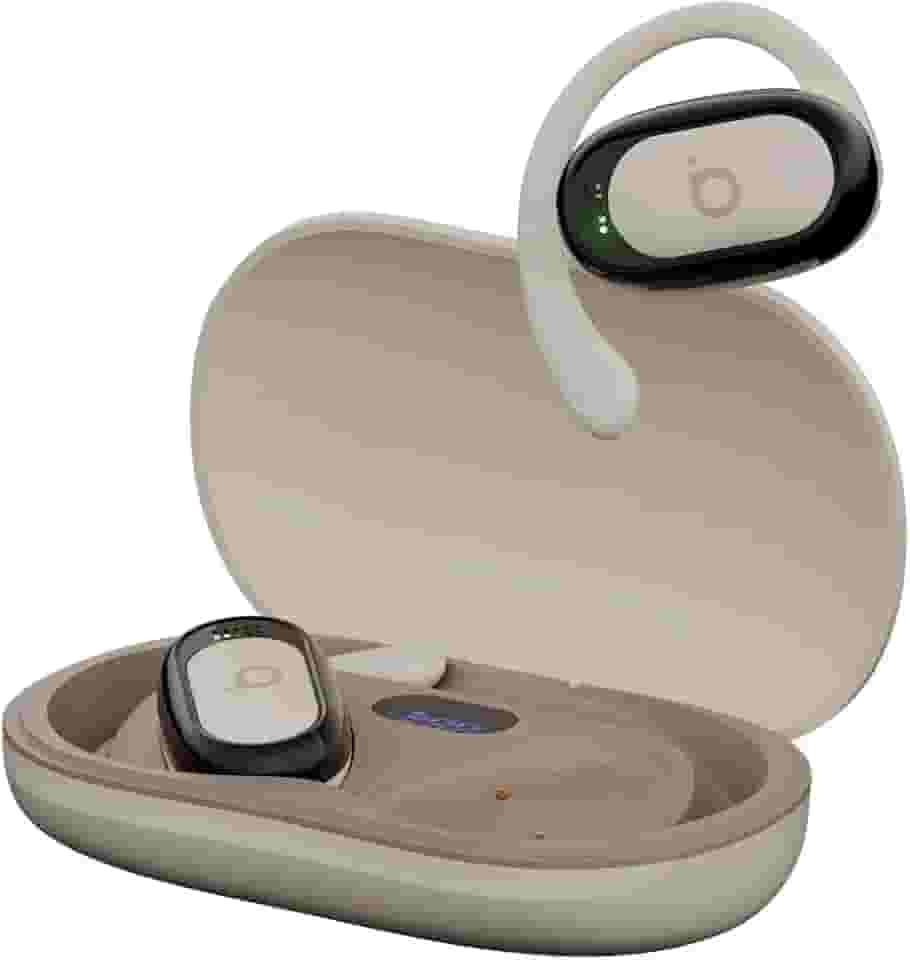 Basike Fone de Ouvido Bluetooth 5.4 Open Ear Sem Fio - OWS/TWS Áudio Hi-Fi Estéreo, 120h em Standby, Display LED, Toque Inteligente, Conforto para Uso Diário, Trabalho e Lazer – Bege Claro