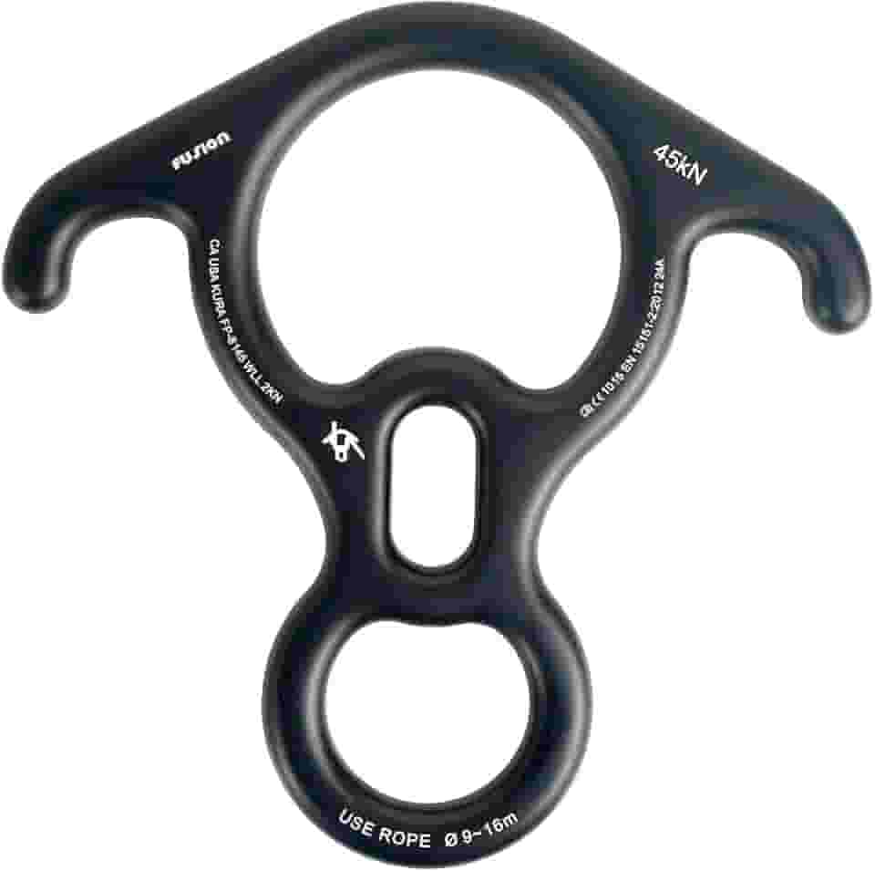 Fusion Climb Terminal de alumínio 8 preto descendente, dispositivo de amarração de orelha grande dobrada e engrenagem de rapel, perfeito para escalada, tirolesa e resgate (FP-8145-BLK)