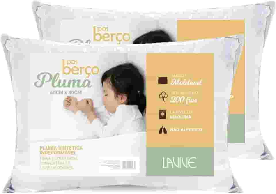 Kit 02 Travesseiros De Pluma Sintética Infantil 60cm x 40cm Antialérgico 200 Fios 100% Algodão
