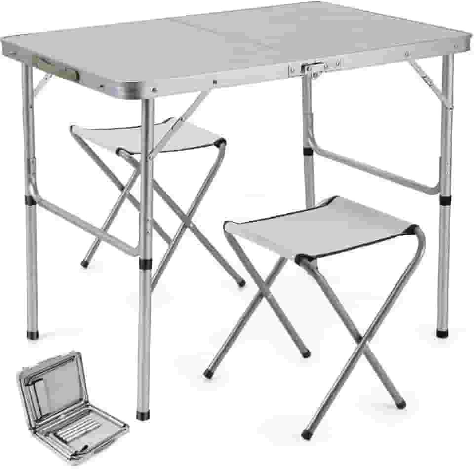 Mesa Maleta Dobrável Alumínio + 2 Banquinhos Camping Lazer