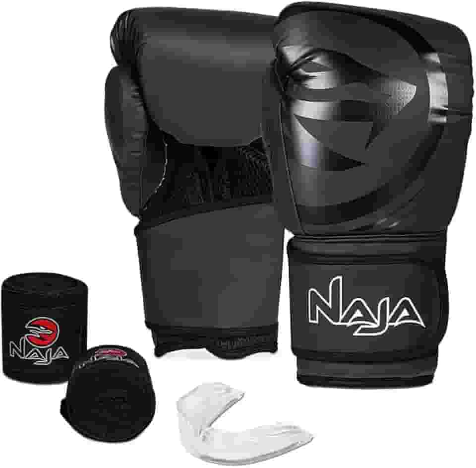 Luva de Boxe e Muay Thai Naja Black Line - 1 Par de luva + 1 Par de Bandagem Elástica + 1 Protetor Bucal