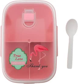 Marmita com Divisórias, Tampa Hermética Transparente, 1200ml, 4 Travas de Segurança, Colher Inclusa, Design Flamingo (Rosa)