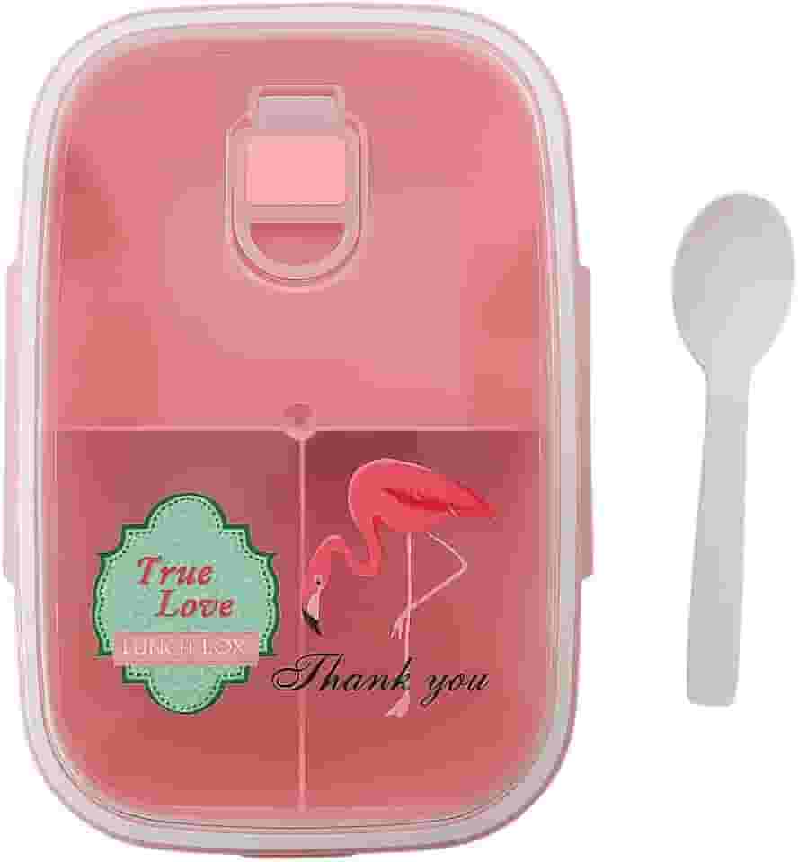 Marmita com Divisórias, Tampa Hermética Transparente, 1200ml, 4 Travas de Segurança, Colher Inclusa, Design Flamingo (Rosa)