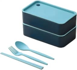 Kit 2 Marmitas Lancheiras Com Divisória Bento Box Dois Andares Com Talheres Azul e Rosa Resistente e Simples Praticidade e Versatilidade para o seu Dia a Dia PREMIUM (AZUL)