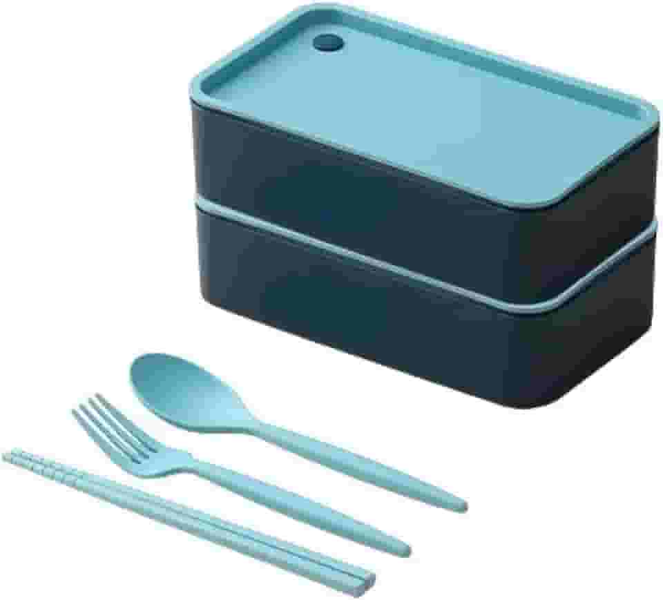 Kit 2 Marmitas Lancheiras Com Divisória Bento Box Dois Andares Com Talheres Azul e Rosa Resistente e Simples Praticidade e Versatilidade para o seu Dia a Dia PREMIUM (AZUL)