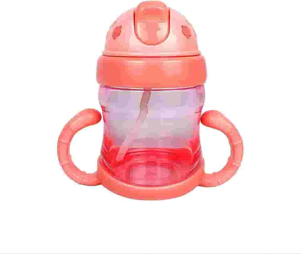 Garrafa de Treinamento Infantil 220ml com Canudo Retrátil – Antivazamento, Alças Laterais, Plástico Rosa