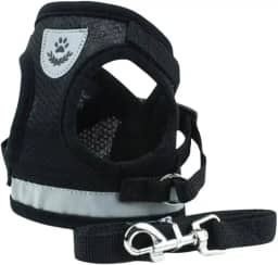 Coleira Peitoral para Cachorros e Gatos com Colete Reflexivo Regulável e Guia de Passeio (PRETO, L)