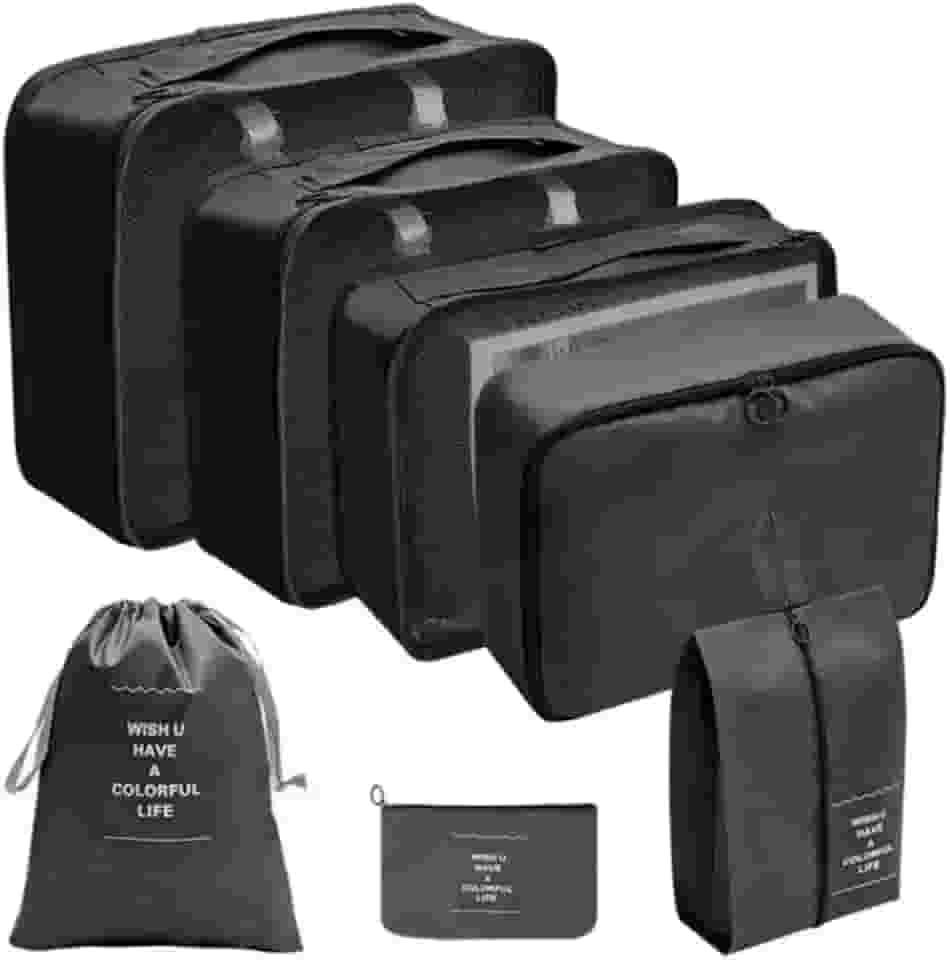 Kit Organizador de Malas para Viagem 7 Peças Bolsas Necessaire Sapatos Maquiagem Roupas Bagagem Organizada Conjunto Organizador Completo Premium (Preto)
