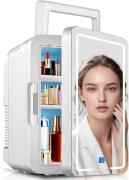 Mini Geladeira Portatil, Mini Geladeira Skincare, Beauty Porta Espelhada e LED, Esfria e Aquece, Capacidade de 12L, 12V para Automóvel, 110V-220V para Cas