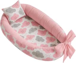 Ninho redutor de berço bebê percal 100% algodão + Almofada Anatomica Estampada Unissex (Nuvem Rosa)
