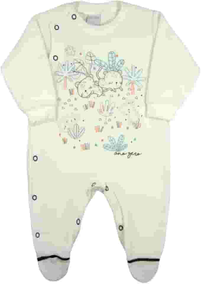Macacao Bebe Menino Plush Roupa Bebê com Estampa em Silk Screen de Oncinhas - Natural