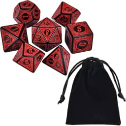 Kit 7 Dados Rpg Vermelho Runas D&d Boardgames Jogos de Mesa D4 D6 D8 D10 D10% D12 D20 + Bolsa de Veludo