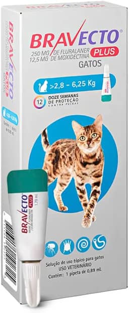 Bravecto® Plus Gatos Transdermal 250mg - Antipulgas, Sarna de ouvido, Vermes intestinais - Gatos de 2,8 a 6,25kg - 1 Pipeta 0,89ml - MSD Saúde Animal
