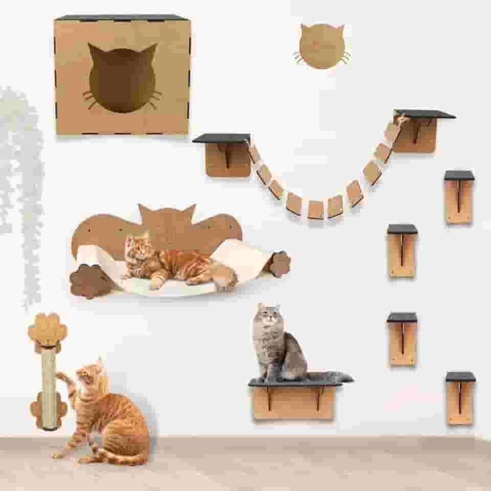 BOXFAN Parquinho para Gatos kit 9 peças em mdf, nicho, arranhador, rede, prateleira, degraus e rede de descanso, playground suspenso para gatos, brinquedo e móveis para gatos