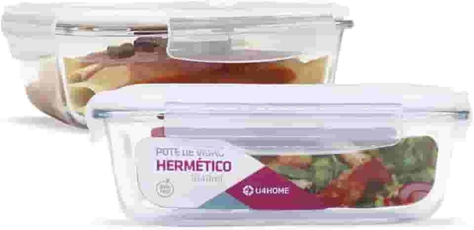 KIT 2 Potes de Vidro Retangular com Tampa Hermética 1040ml Cor:Branco (QH)